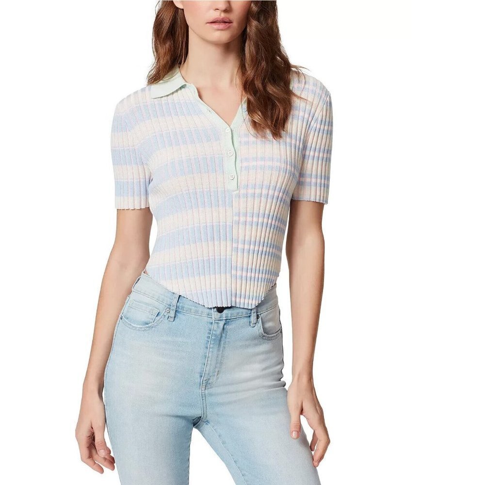 NWT New Frayed Alissa Crop Striped Ribbed Short Sleeve Cotton Top Size L